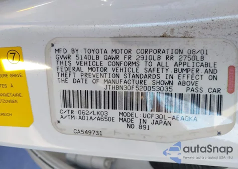 2002 Lexus Ls 430 z USA, uszkodzony, nr VIN JTHBN30F520053035